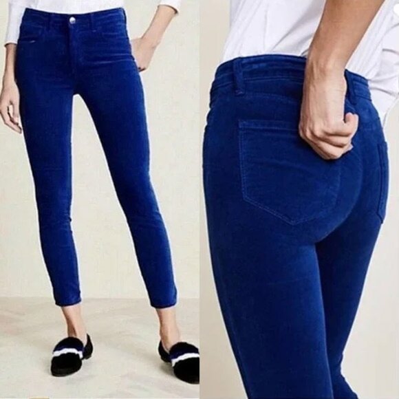 L'AGENCE Margot Royal Cobalt Blue Velvet Jeans Pants 27 High Rise Stretch $235 - Picture 1 of 16